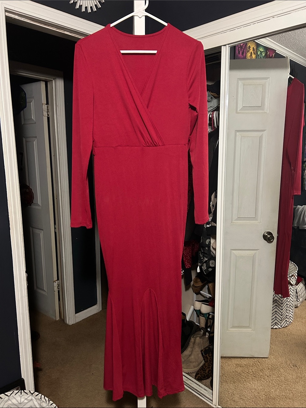 Elegant Red Long-Sleeve Wrap Maxi Dress